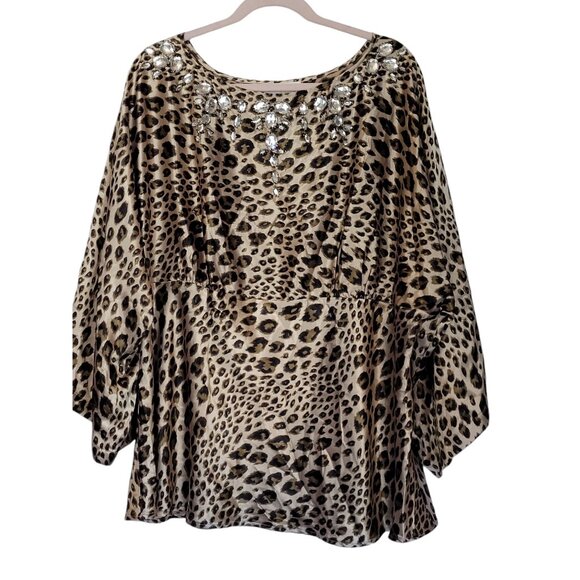 London Star Collection Leopard Print Blouse 2X Polyester Spandex Bejeweled Neckl - Picture 2 of 7